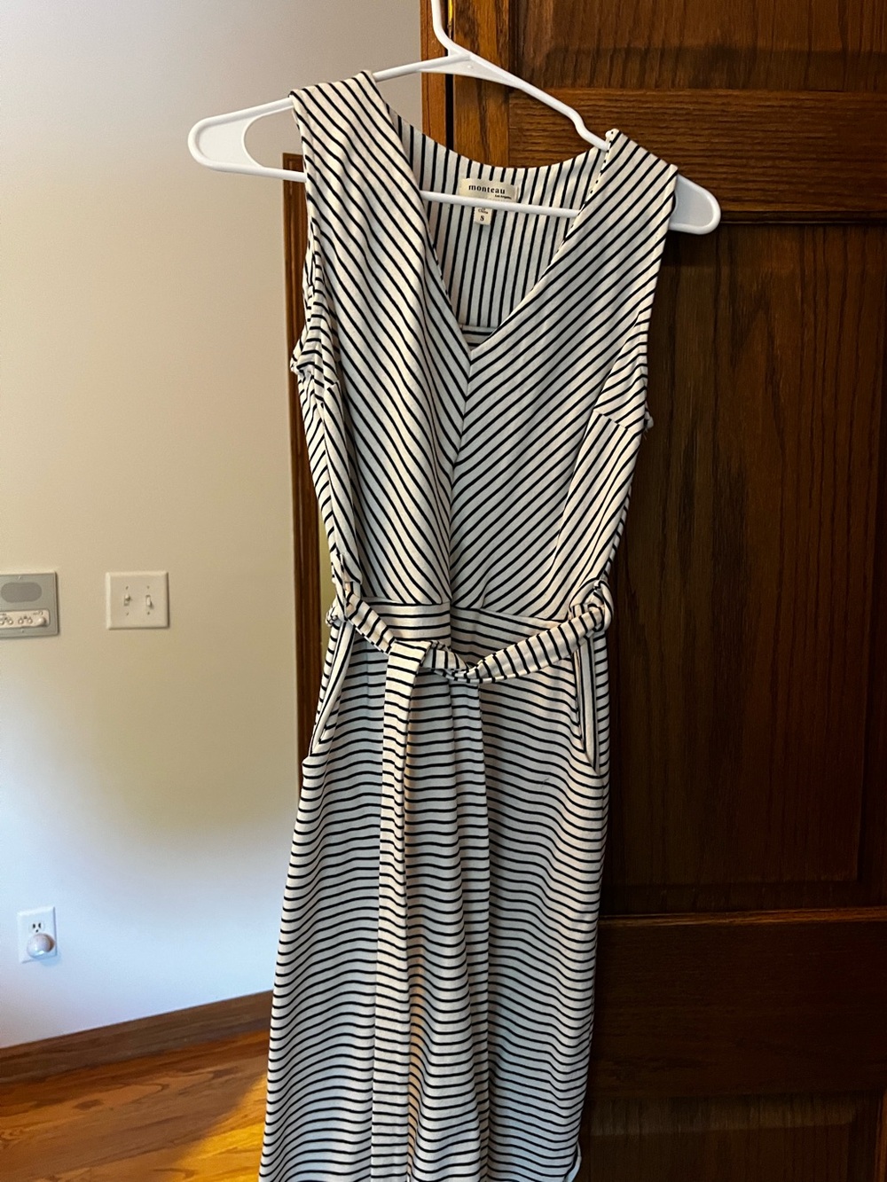 Monteau Black and White Striped Sleeveless Midi Dress with Tie Waist